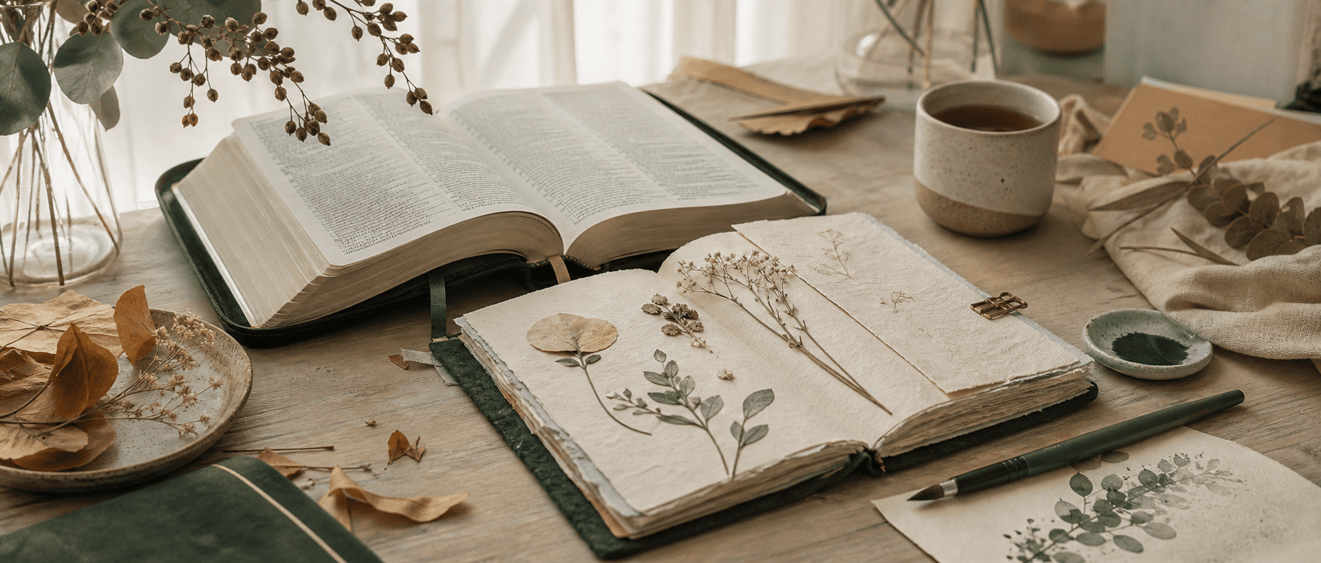 Caderno artesanal e elementos botânicos