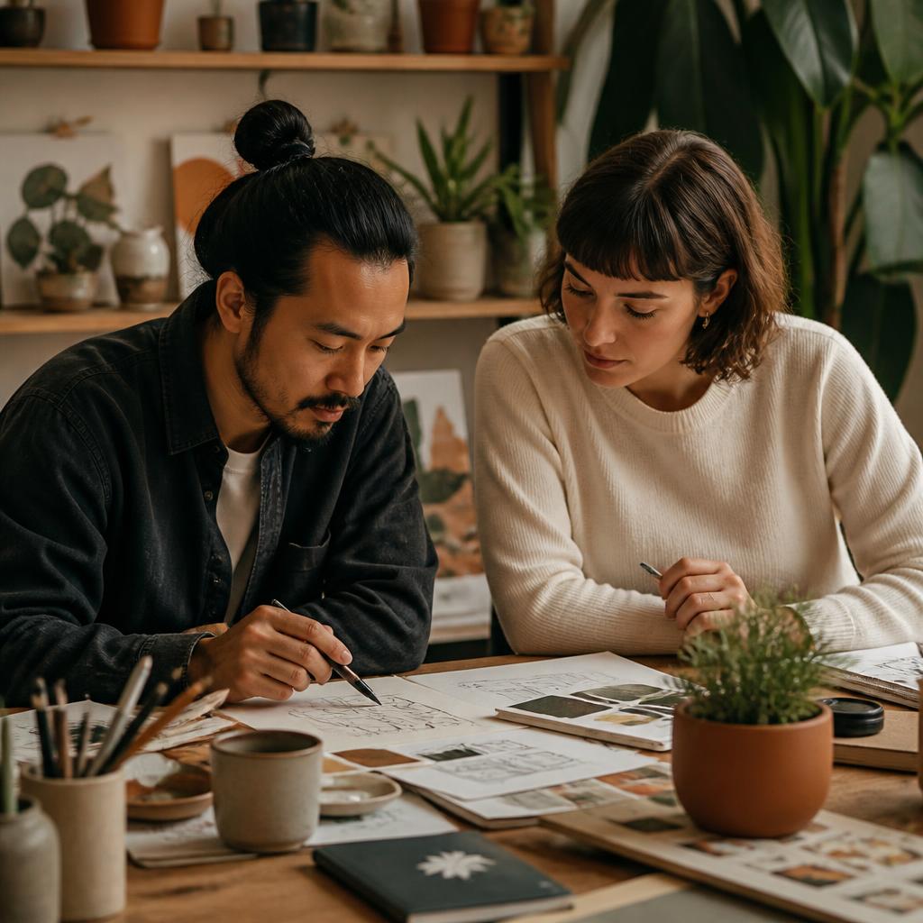 Profissionais em um laboratório criativo contemporâneo desenvolvendo ideias