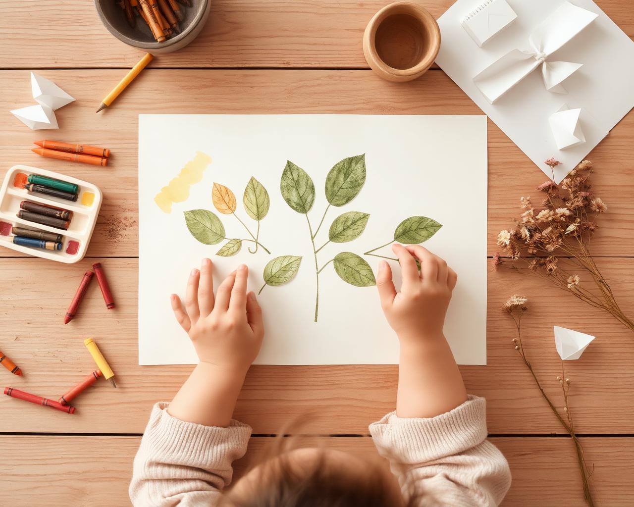 Mãos de criança pintando folhas em aquarela